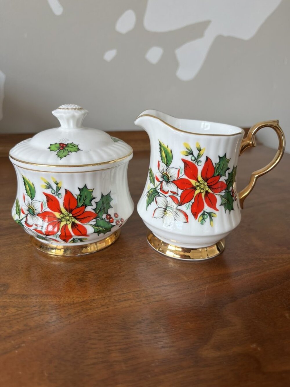 Vintage Royal Windsor Poinsettia Bone China Creamer and Sugar Christmas England